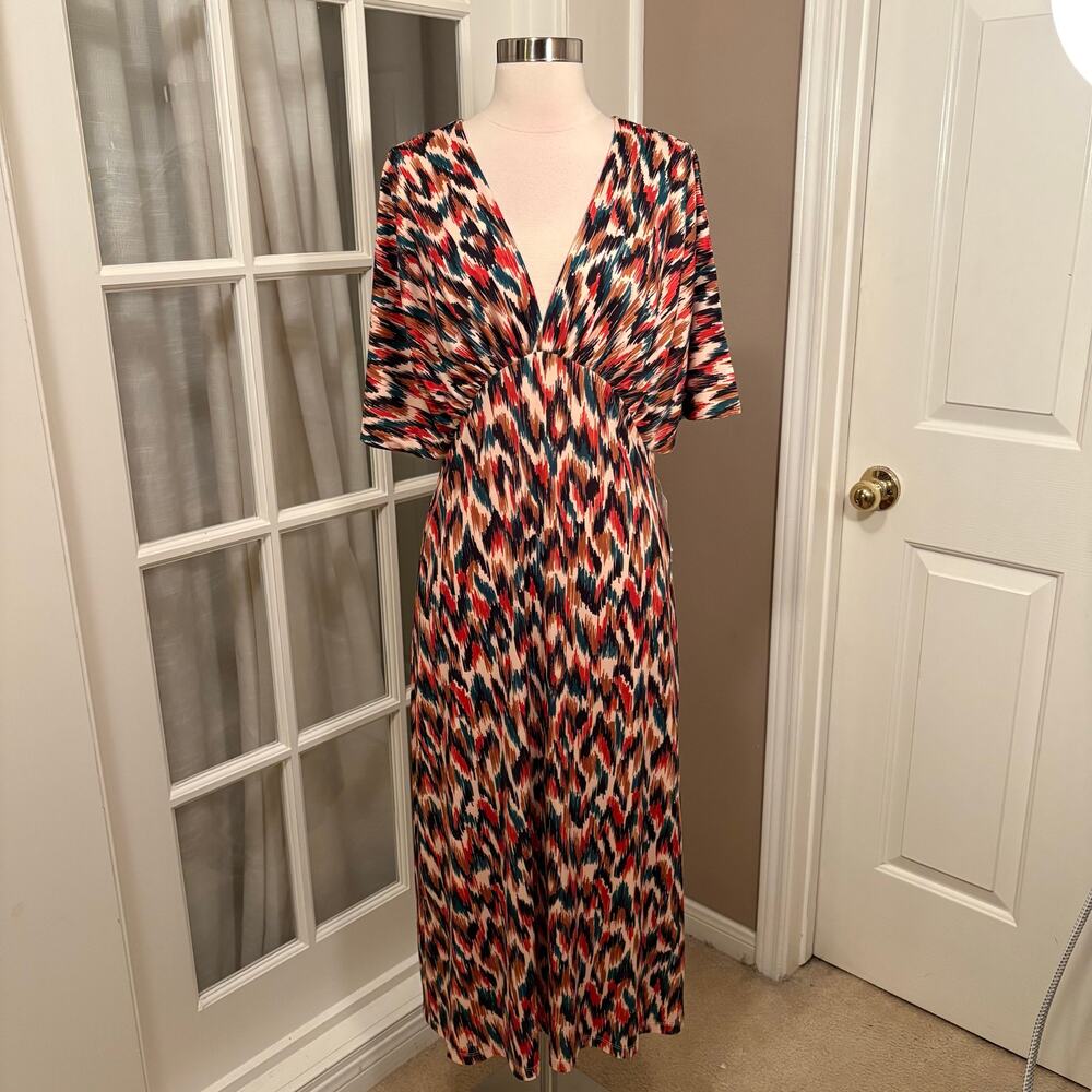 Alexia Admor Fall Tribal Print Midi Dress M Kimono Sleeve V-Neck Empire‎ Waist